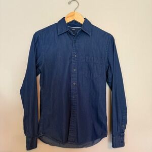Uniqlo Mens XS Slim Fit Denim Button Down Shirt Indigo Blue Cotton 331-401832